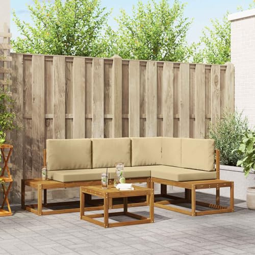 zylophax Outdoor-Sofagarnitur 5-teilig mit Kissen aus massivem Akazienholz Natur und Beige, wetterfestes Loungesofa modular erweiterbar für Terrasse Balkon Wintergarten Außenbereich