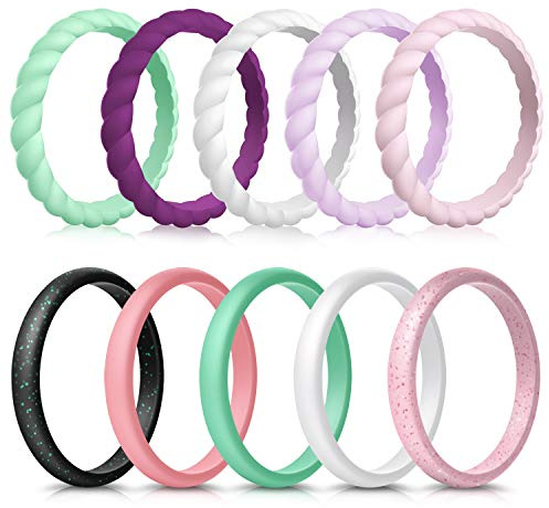 Forthee 10 Pack Silicone Wedding Ring for Women, Thin & Braided Rubber Band