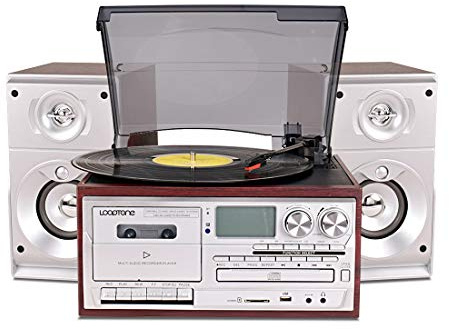 LoopTone Vinyl Record Player with Dual 15W External Speakers 9 in 1 3 Speed Bluetooth Vintage Turntable CD Cassette Player AM/FM Radio USB Recorder Aux-in RCA Line-Out