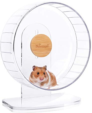 Niteangel Supertysta Hamsterhjul, tysta löparhjul för hamstrar som snurrar tyst med justerbart stativ, för hamstrar, mongolisk ökenråttor, möss och andra smådjur (storlek M, transparent)