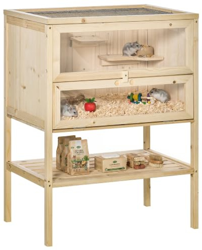 PawHut Jaula de Madera para Hámster Ratones Casa de Juegos con 5 Plataformas Rampa Techo Abatible Ventana Cristal Plástico y Estante Inferior 60x40x80 cm Natural