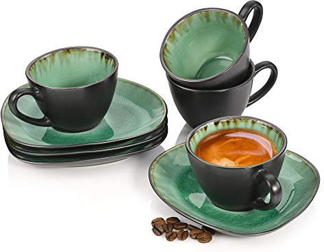 Sänger | Espressotassen Set Palm Beach mit Untertassen, 8-teiliges Espressotassen Set aus Steingut, Modernes Design, Fassungsvermögen 80 ml | PREMIUM COLLECTION