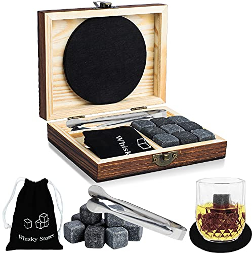 Whiskey Gift Sets for Men, WOVTE 9 PCS Natural Granite Whiskey Chilling Stones and Stylish Wooden Box, Reusable Bourbon Cognac Scotch Wine Gin Ice Cube for Father Dad Boyfriend Birthday Anniversary