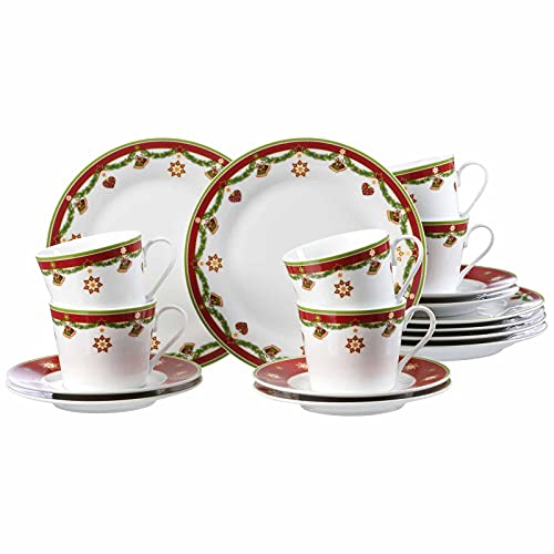 Ritzenhoff & Breker 18-teiliges Geschirr-Set Weihnachten Kaffeeservice, Tradition, 6 Kuchenteller ø 19 cm / 6 Kaffeetassen 200 ml / 6 Kaffeeuntertassen ø 14,5 cm, Porzellan, Spülmaschinenfest
