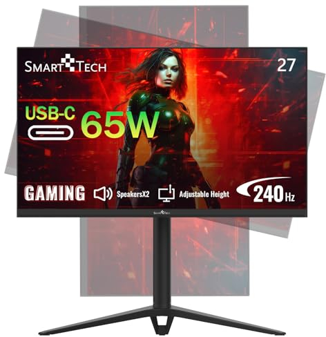 Smart Tech 27 Zoll Gaming Monitor 240Hz, MPRT 1ms, Mit Lautsprechern, Adaptive-Sync, FHD 1080P, 130% sRGB, Höhenverstellbar, Drehbarer, Type-C, HDMI DP, VESA, PC Bildschirm -Schwarz