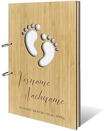 Personalisiertes Geburt Gästebuch echtes Holz DIN A4 Erinnerungsbuch mit Lasergravur - Fußabdrücke - mit 72 Blatt / 144 Seiten Naturpapier Weiß