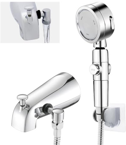 Chrome Tub Spout with Diverter slip fit 1/2 inch Copper Tube, High Pressure filtered Handheld Shower with 3 Spray Modes On/Off Switch, 59 inch hose, Bracket, No Drill Required Install