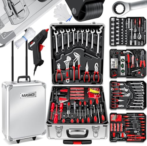 MASKO® Cassetta degli attrezzi portatile con utensili | 969 Pezzi Set di Attrezzi in Valigetta di Alluminio con Ruote per Fai da te | Cassetta porta attrezzi a mano | Strumenti professionali Argento
