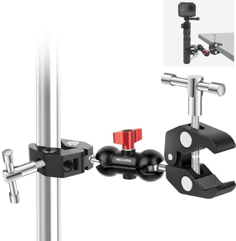 Mechrig Soporte de cámara de doble abrazadera con brazo mágico, soporte de paraguas de aluminio doble para escritorio, luz de estudio/soporte de brazo, reflector de fotografía, barras transversales