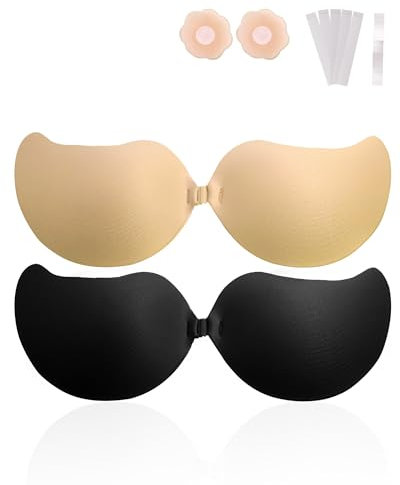 GOZINA Sticky Bra for Women, Stick on Bra Push Up, Invisible Sticky Bras Breathable Backless Push Up Bra, Reusable Adhesive Strapless Bra (UK, Cup & Band, B, Black + Skin Color)