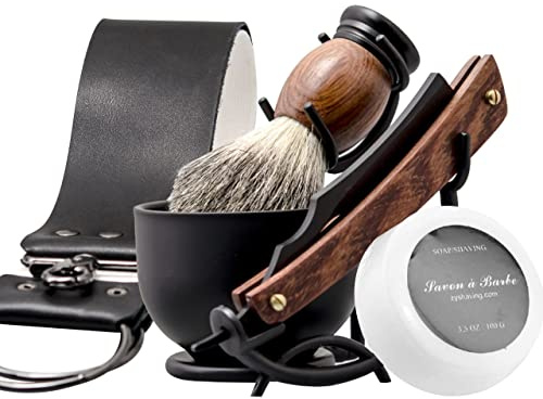 Grandslam Kit Rasoio per Gola Tagliata, Kit Rasoio a Mano Libera, 6 in1 Set Pennelli da Barba da Uomo, Supporto e Ciotola in Acciaio Inox, Kit Tradizionale per Rasatura a Umido