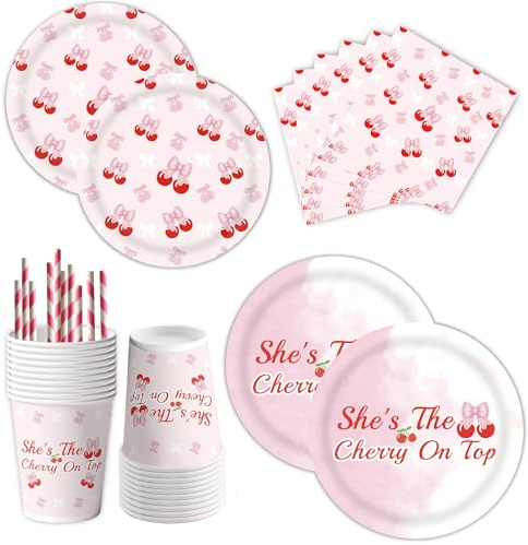 60 Kirsche deko partygeschirr set ,Cherry Party Accessories,Inklusive pappteller kindergeburtstag,party becher,servietten geburtstag,strohhalme,geeignet für kindergeburtstag deko, sommerfest deko