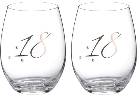 DIAMANTE Set di 2 bicchieri da vino in cristallo senza stelo per compleanno/anniversario, senza piombo, con decorazioni Swarovski, 380 ml (18° compleanno)