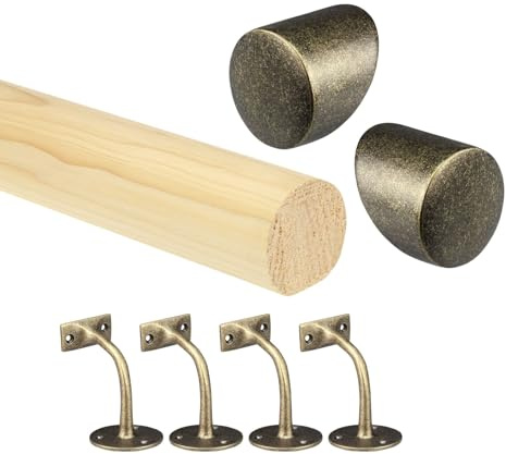 Pine Round Mopstick Handrail Kit with Wall Brackets & End Caps – 1200–4200mm, Chrome/Black/Nickel/Brass (Antique Brass, 3600mm)