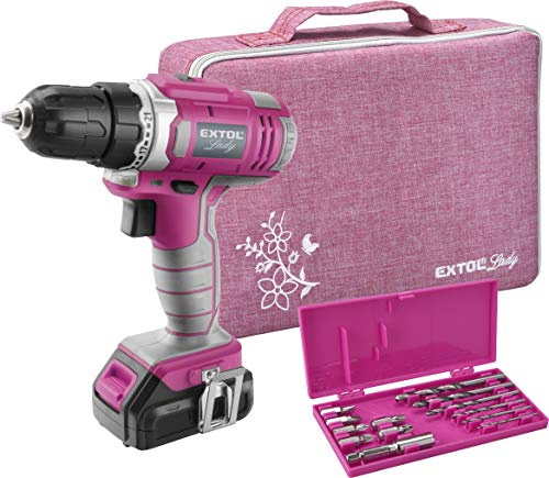 Extol Lady Akkubohrschrauber für Frauen I 12 Volt Akkuschrauber für Frauen I Bohrmaschine für Holz, Metall & Kunststoff I Akku-Bohrer mit 12er Set Bits & Bohrer + Tasche I Werkzeug-Set Pink