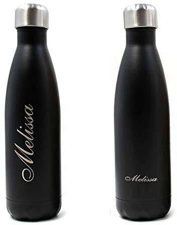 FunnyGuys Botella de agua grabada personalizada de doble pared de acero inoxidable con aislamiento al vacío, 500 ml / 17 onzas para niños, dama de honor, amiga del profesor logo (Negro3)