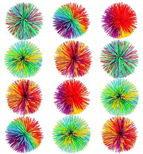 Leinuosen 12 Pieces Stringy Balls Sensory Stringy Ball Soft Rainbow Pom Bouncy Stress Bags Basket Stuffers Fillers Graduation Party Favors Birthday End of Year Gifts, Multicolor (2.75 Inch)