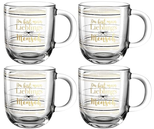 Leonardo Emozione Geschenk Tassen Lieblingsmensch, 4 Stück, spülmaschinengeeignete Glas-Tassen, Tee-Tassen mit goldenem Schriftzug, 400 ml, 046453