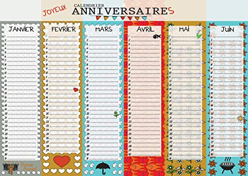 Calendrier Perpétuel Joyeux Anniversaires | Format A3 Recto Verso | Calendrier Sans Année à Remplir pour Dates Importantes et Anniversaires | Illustré et Multicolore