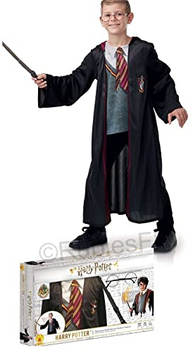 RUBIE'S Harry Potter Officiell barnförklädnad och tillbehör, storlek M - 5–6 år - trollkarlklänning, topp, trollstav och glasögon - för halloween, karneval, julklappsidé