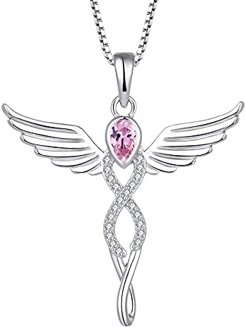 FJ Engelsflügel Kette Damen 925 Sterling Silber Schutzengel Anhänger Halskette Infinity Unendlichkeit Kette mit Geburtsstein Zirkonia Schmuck Geschenke für Frauen Mädchen