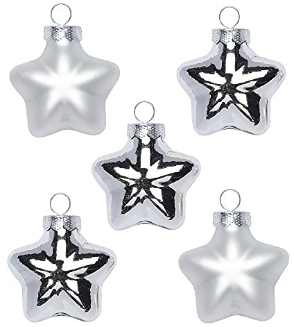 Inge Glas Magic Mini-Weihnachtskugeln Sterne 4cm 8 STK | Weihnachtsbaumanhänger Sterne aus Glas | in Karton-Box (Frosty Silver | Silber weiß)
