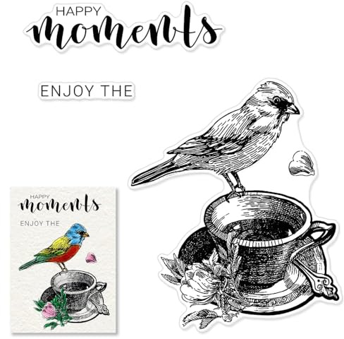 Bird Coffee Cup Clear Stamps for Card Making, Words Letters Transparent Rubber Stamps Tea Cup Leaves Silicone Stamps Seal for DIY Scrapbooking