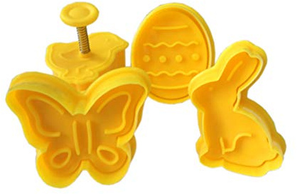 Formine per Biscotti Pasquali 4 pezzi, Stampo da Forno per Coniglietto/Pulcino/Uovo/Farfalla 3D, Strumento Decorativo con Dispositivo a Molla Maniglia per Feste