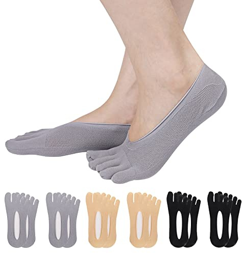 TAGVO 6 par damtåstrumpor femfingerstrumpor, ortopediska kompressionsstrumpor, halkfria, mjuka, andningsaktiva, Low Cut Liner, osynliga strumpor med halkfri silikon, balett yoga sportstrumpor, 35-40