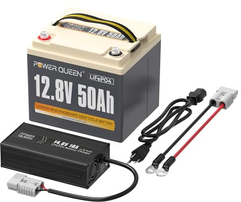 Power Queen 12,8V 50Ah LiFePO4 Akku Lithiumbatterie mit 14.6V 10A LiFePO4 Batterie Ladegerät Konstant Geladen Ideales Paket für Camping Reisemobil Wohnmobil Autarkes System Off-Grid-System