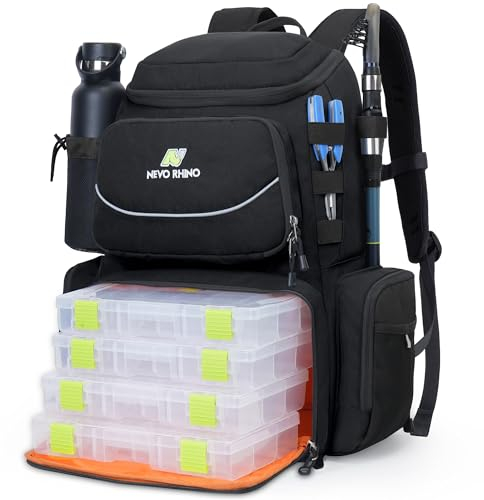 N NEVO RHINO Angelausrüstungs-Rucksack mit Rutenhaltern, 40 l, große Angeltasche mit wasserdichtem Regenschutz, Outdoor-Ausrüstungstasche