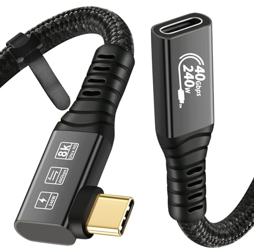 CableDeconn USB4-kabel, 8K, 0,5 m, hane/hona, 1 x böjd, 1 x rak, kompatibel med Thunderbolt 4, 8K@60Hz, 4K@120Hz video, 40 Gbit/s, överföringshastighet, 20 V, 5 A, 100 W, 3-i-1-USB-C-kabel