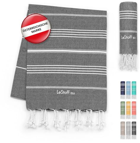 LeStoff XXL Hamamtuch Picknickdecke, Bio-Baumwolle, 200x200 cm, Anthrazit | Liegetuch für Strand, Yoga, Camping und Reise – sandfrei, vorgewaschen, nachhaltig, leicht, saugstark und schnelltrocknend