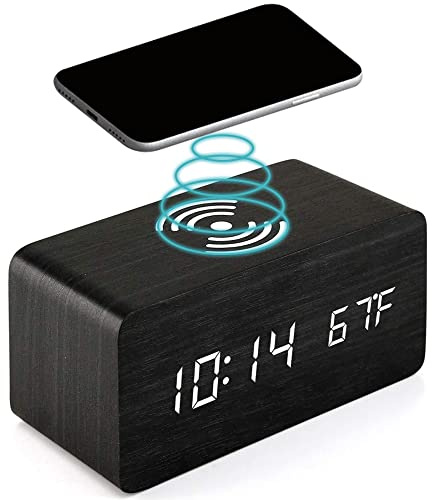 Wooden Digital Alarm Clock with Wireless Charging 3 Alarms Electronic LED Desktop Clock with Temperature Time Display 3 Levels Adjustable Brightness for Bedrooms Living Room Bedside Office black wood