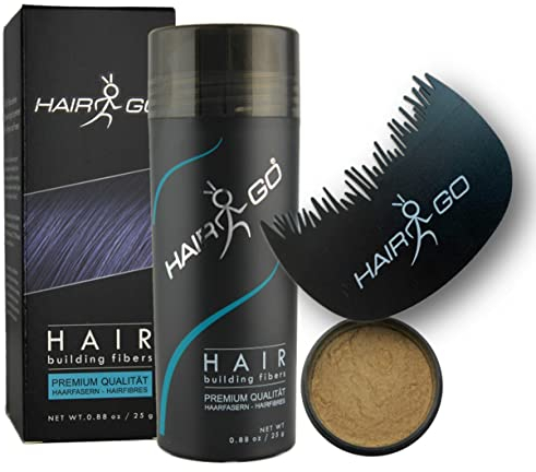 HAIR GO Premium Schütthaar + Haaransatzkamm SPARSET Streuhaar & Schütthaar, für einen natürlichen Haaransatz bei der Anwendung von Hair Fibers Haarverdichter (mittelblond)