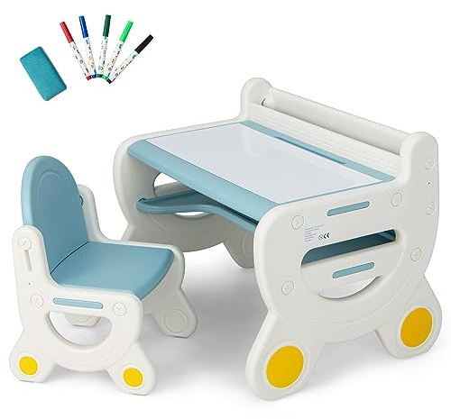 LIFEZEAL Barnbord, soffbord och stolar, med raderbart skrivbord, hylla, bokhylla, ergonomisk ryggstol, barnbord, plastbord, babyset 3–8 år (blå)