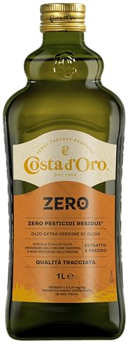 Costa d'Oro – ZERO 1L. Olio extravergine di oliva, primo in Italia certificato con zero pesticidi residui. ideale per piatti caldi e ricettati. Bottiglia da 1 litro.