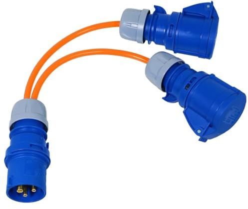 SPARES2GO 16A Splitter Cable 240V Generator 2 Way Hook Up Y Piece | 2 x 16 Amp Sockets, Orange, 3 pin