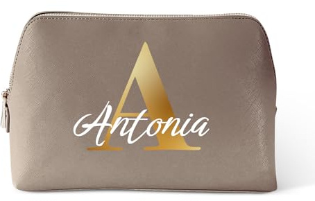 Love Faith personalisierte Kosmetiktasche - Taupe - 25x16x10,3 cm | Wähle Initiale & Namen für die Gravur - Hochwertiger PU-Kulturbeutel - Praktischer Reisebegleiter für Frauen