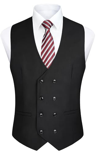 Enlision Herren Zweireiher Weste mit V-Ausschnitt Slim Fit Anzug Weste Casual Formal Business Dress Vest Schwarz