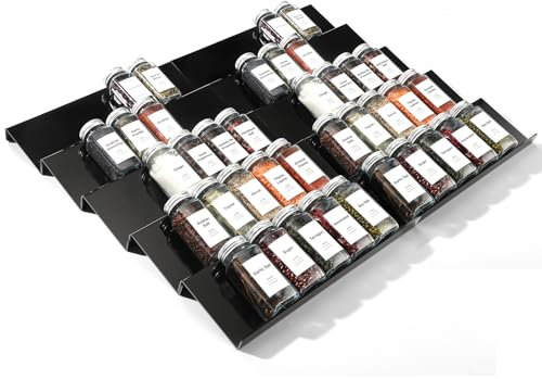 Viymgit Gewürzorganizer Schublade, 10-teiliger Schwarzer Acryl Gewürzregal Schublade, Ausziehbar von 33cm bis 66cm, Küchengewürzregal für Schublade/Arbeitsplatte (Gläser nicht enthalten)