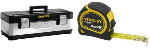 STANLEY Galvanised Toolbox Chest with Heavy Duty Metal Hinge, Portable Tote Tray for Tools and Small Parts, 26 Inch, 1-95-620 & Tylon 8m/26ft Pocket Tape Yellow/Black, 0-30-656