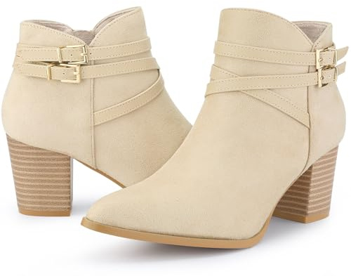 Allegra K Women's Pointed Toe Buckle Decor Cross Strap Block Heels Ankle Boots Beige 7 UK/Label Size 9 US