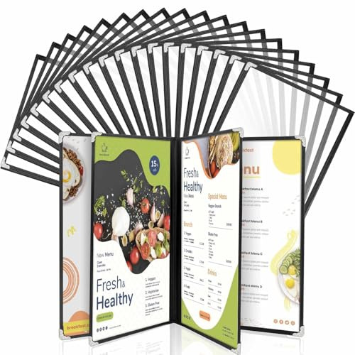 WenYa Lot de 20 couvertures de menu A4 transparentes avec bordure noire et coins en métal, porte-menus de restaurant en plastique imperméable pour cafés, pubs et usage domestique – 4 pages (8 vues)