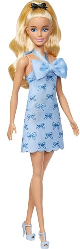 Barbie Fashionistas Doll #237 with Wavy Blonde Ponytail Wearing Blue Bow Halter Dress, Black Hair Bow Accessory and Matching Blue Heels, HYT93