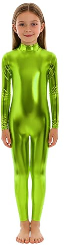 Moggemol Kids Boys Girls Long Sleeve Metallic Dance Gymnastic Leotard Mock Neck Full Body Unitard Shiny Catsuit Green 10-12 Years