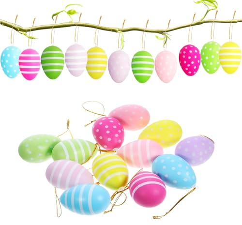 24x Ostereier zum Aufhängen,Bunte Plastik Eier Ostern, Eier Ostern Deko, Plastikeier zum Aufhängen & Dekorieren Kunststoffeier für draußen und innen Osterdeko Deko