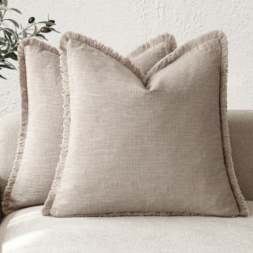 Foindtower Dekorative Leinen-Kissenbezüge mit Fransen, Landhaus-Stil mit Quasten, weich, Deko-Bezug für Couch, Stuhl, Bett, Wohnzimmer, Inneneinrichtung, 2 Stück, 50,8 x 50,8 cm, natürliches Leinen