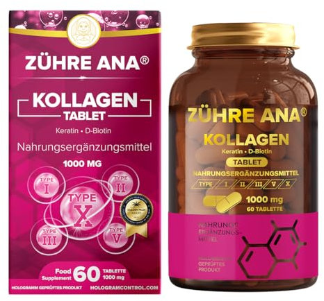 Zühre Ana® Collagene Compresse - Cheratina + D-Biotina, Capelli Forti & Unghie Sane, Pelle Radiosa, Rigenerazione & Protezione, Salute delle Articolazioni & delle Ossa (60 Compresse – 1000 mg).