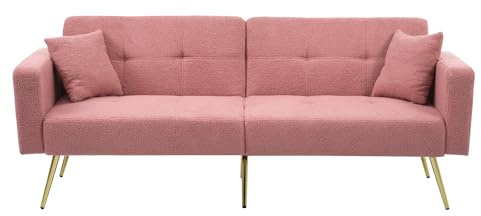 Kebnor Schlafsofa mit Bettfunktion, verstellbarem Winkel, goldenen Beinen, mit Kissen und seitlichen Aufbewahrungstaschen (Rosa)